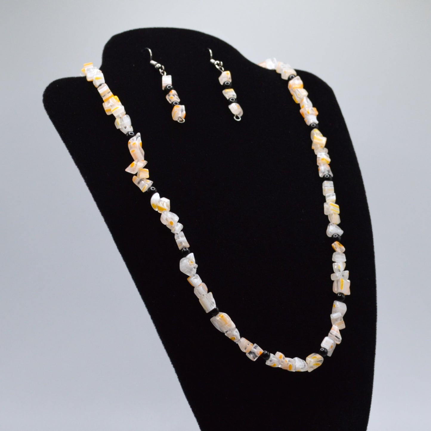 Clear, Orange and White Millefiori Glass Necklace and Earring Set