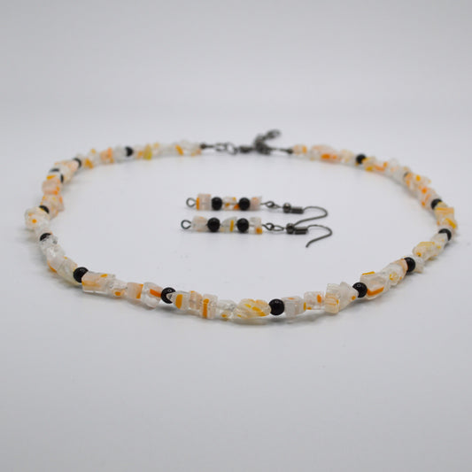 Clear, Orange and White Millefiori Glass Necklace and Earring Set