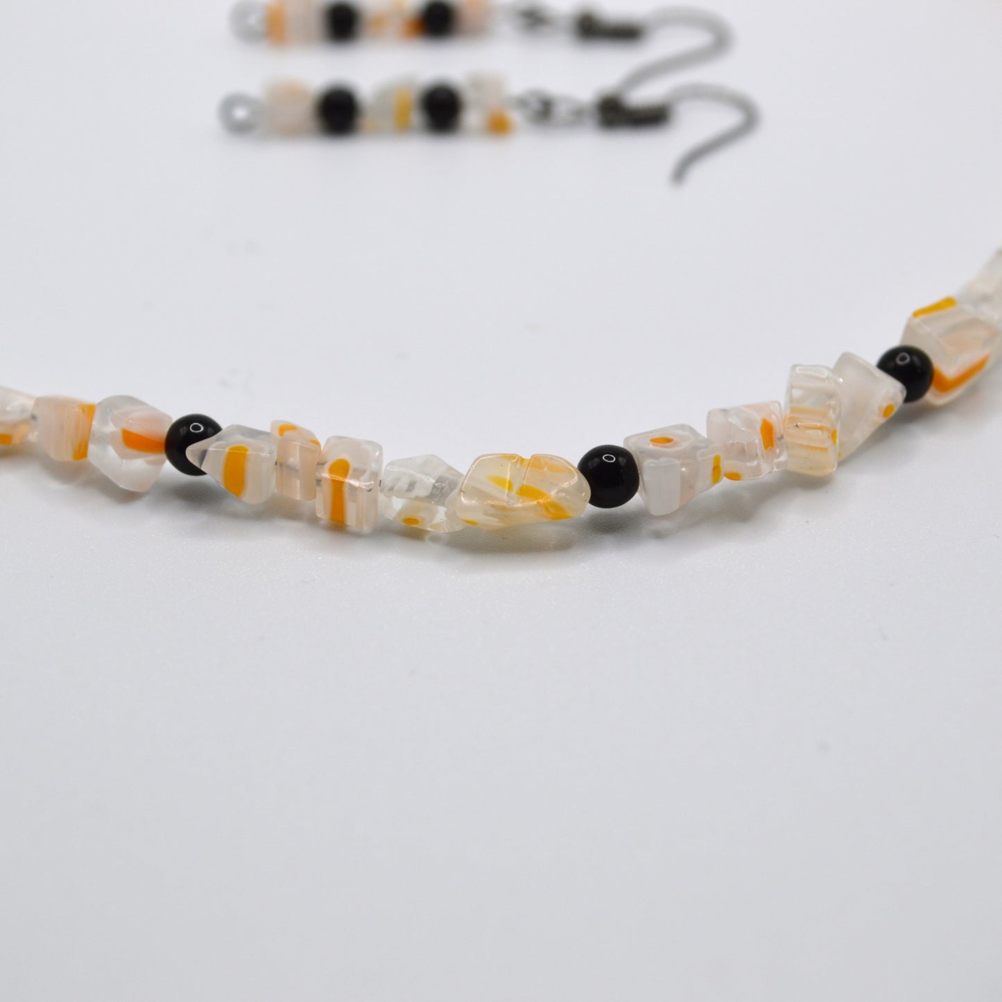 Clear, Orange and White Millefiori Glass Necklace and Earring Set