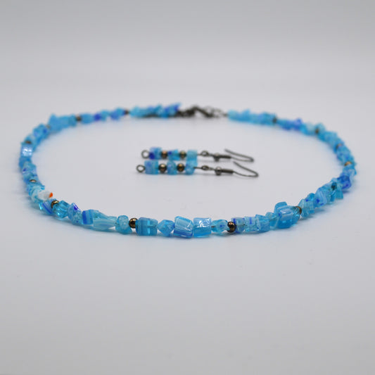 Light Blue and White Millefiori Glass Necklace and Earring Set