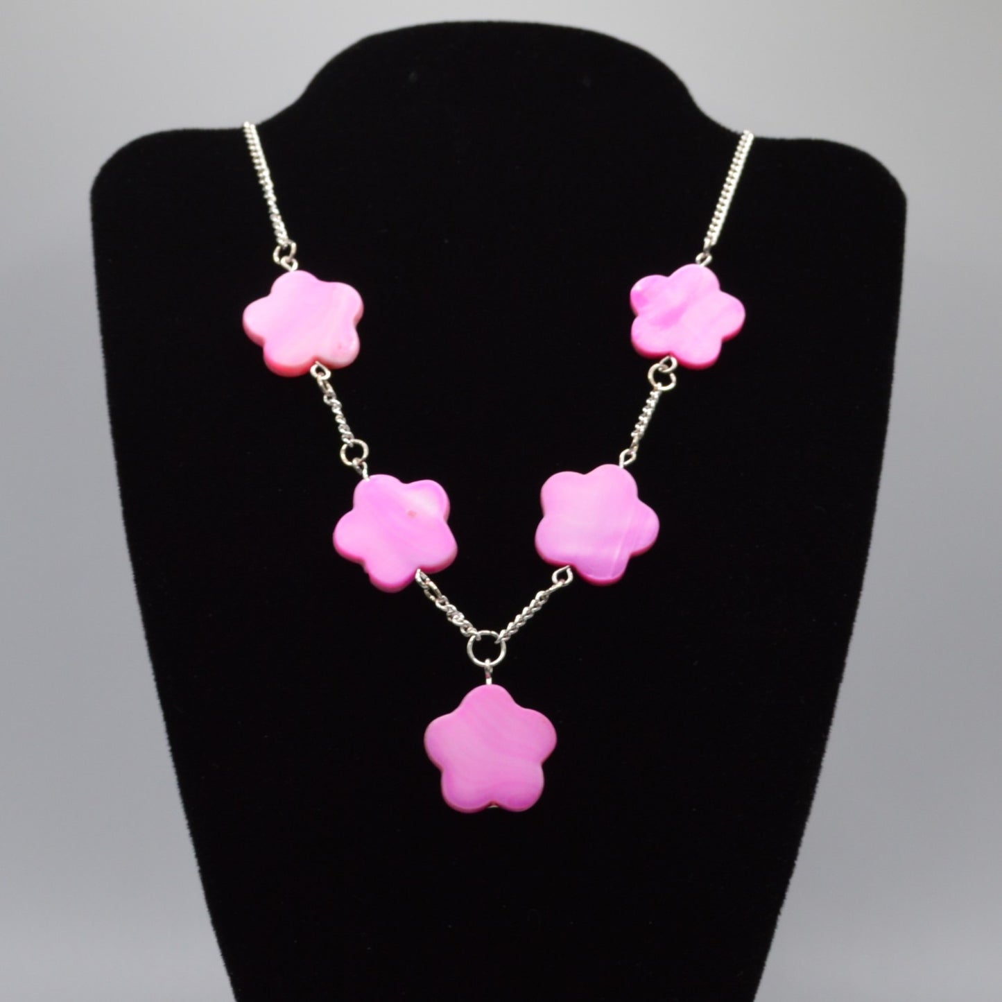 Pink Mother of Pearl Flowers on a Silver Chain Necklace