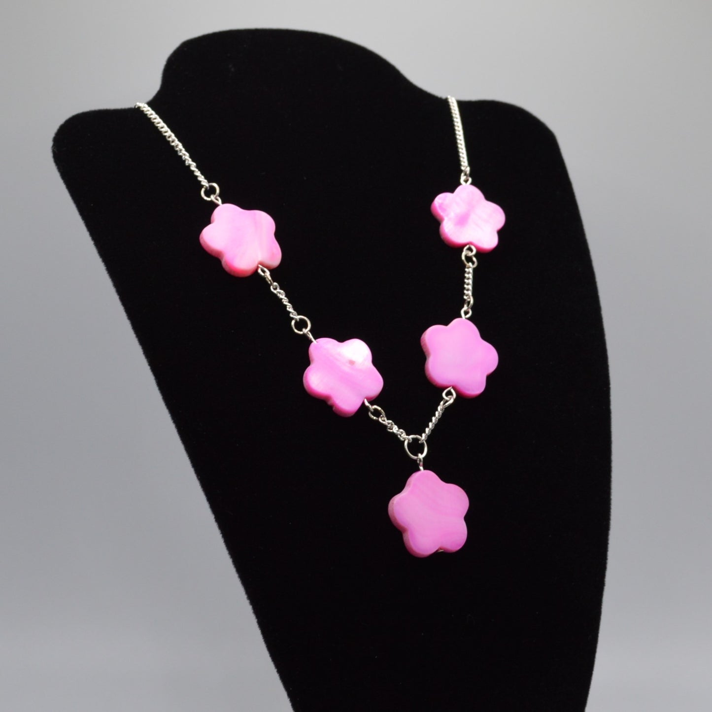 Pink Mother of Pearl Flowers on a Silver Chain Necklace