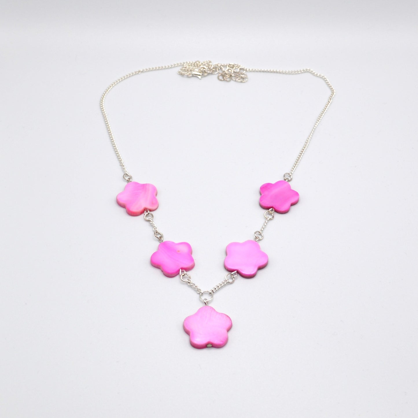 Pink Mother of Pearl Flowers on a Silver Chain Necklace