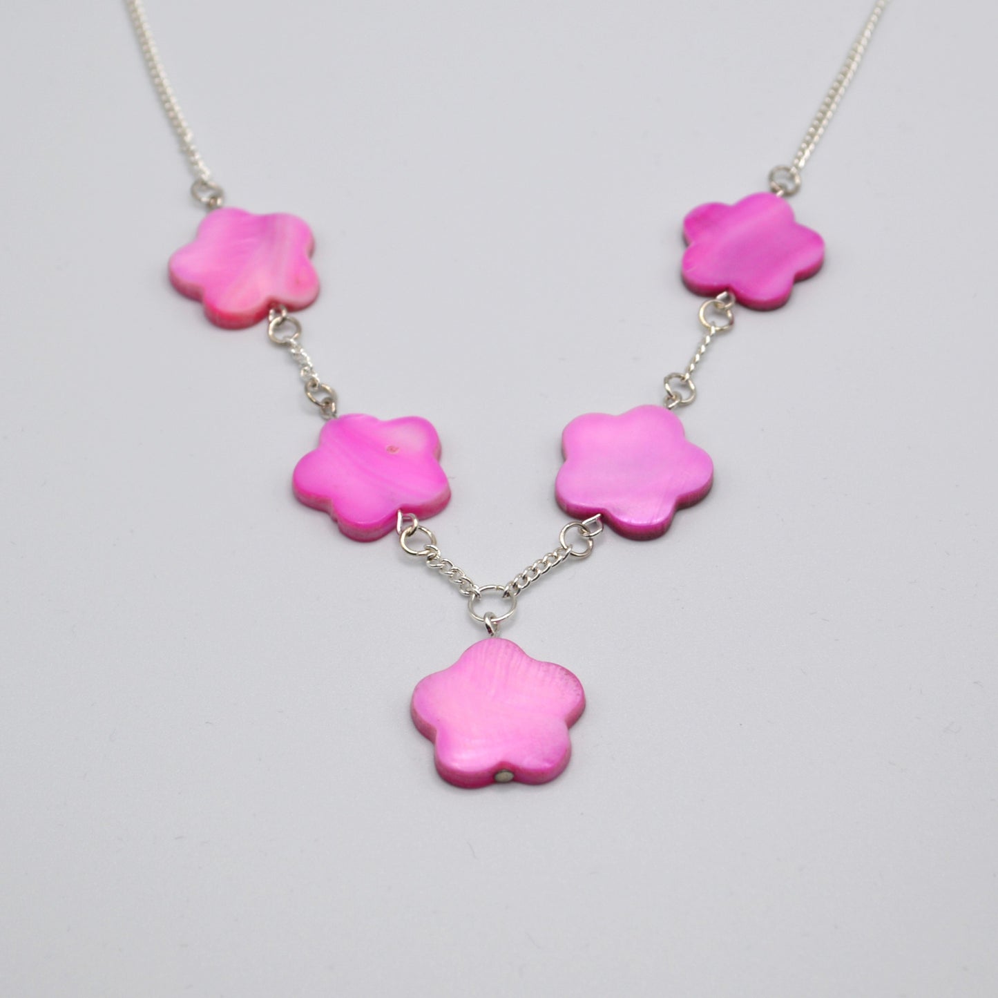 Pink Mother of Pearl Flowers on a Silver Chain Necklace