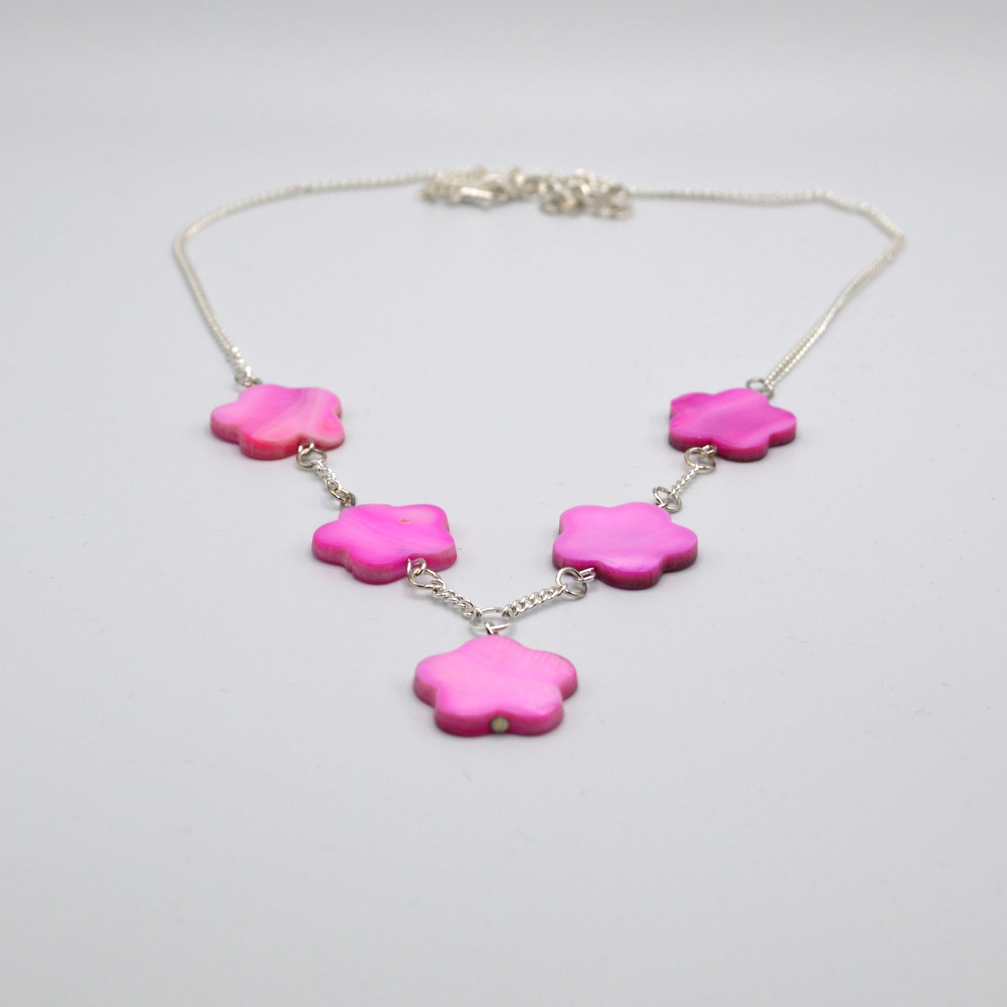 Pink Mother of Pearl Flowers on a Silver Chain Necklace