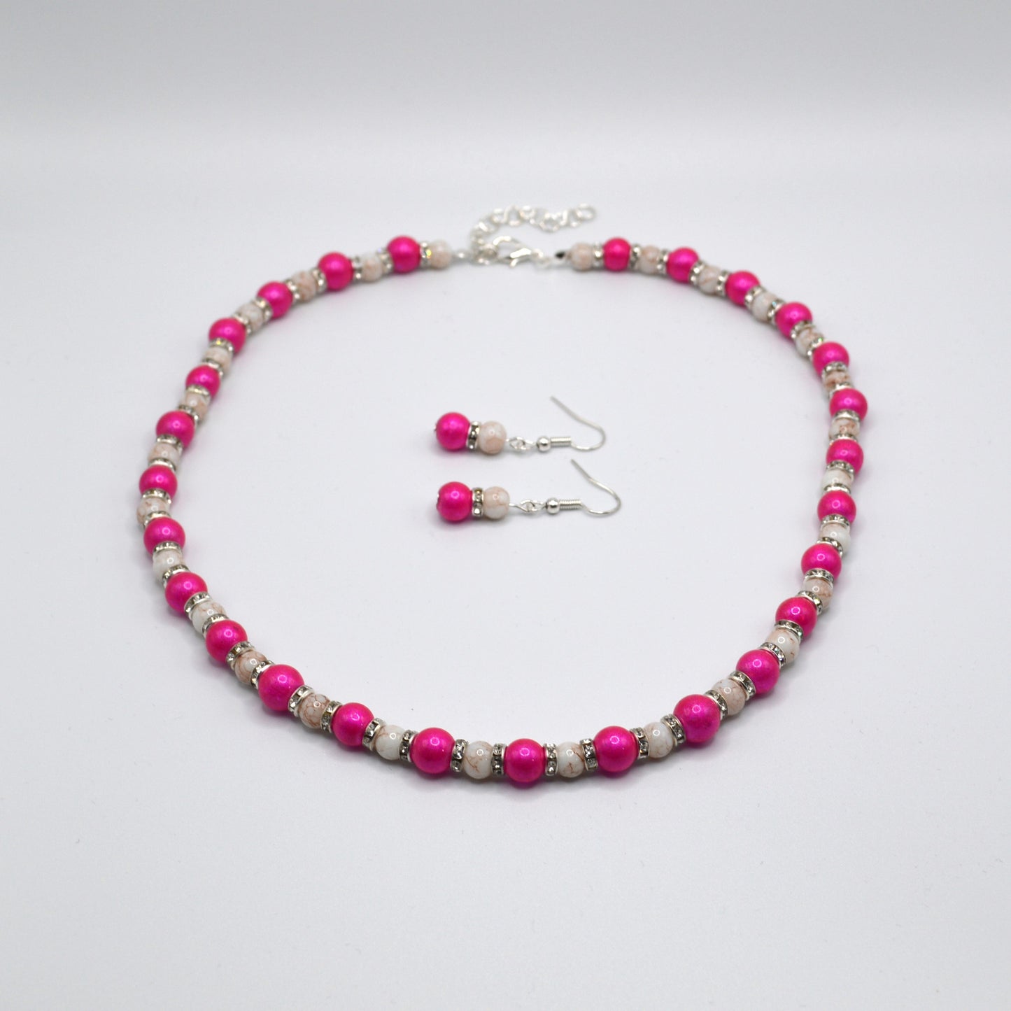 Pink Glass Pearls with Marbled Beads and Crystal Spacers Necklace and Earring Set