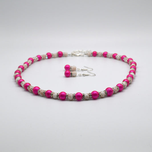 Pink Glass Pearls with Marbled Beads and Crystal Spacers Necklace and Earring Set