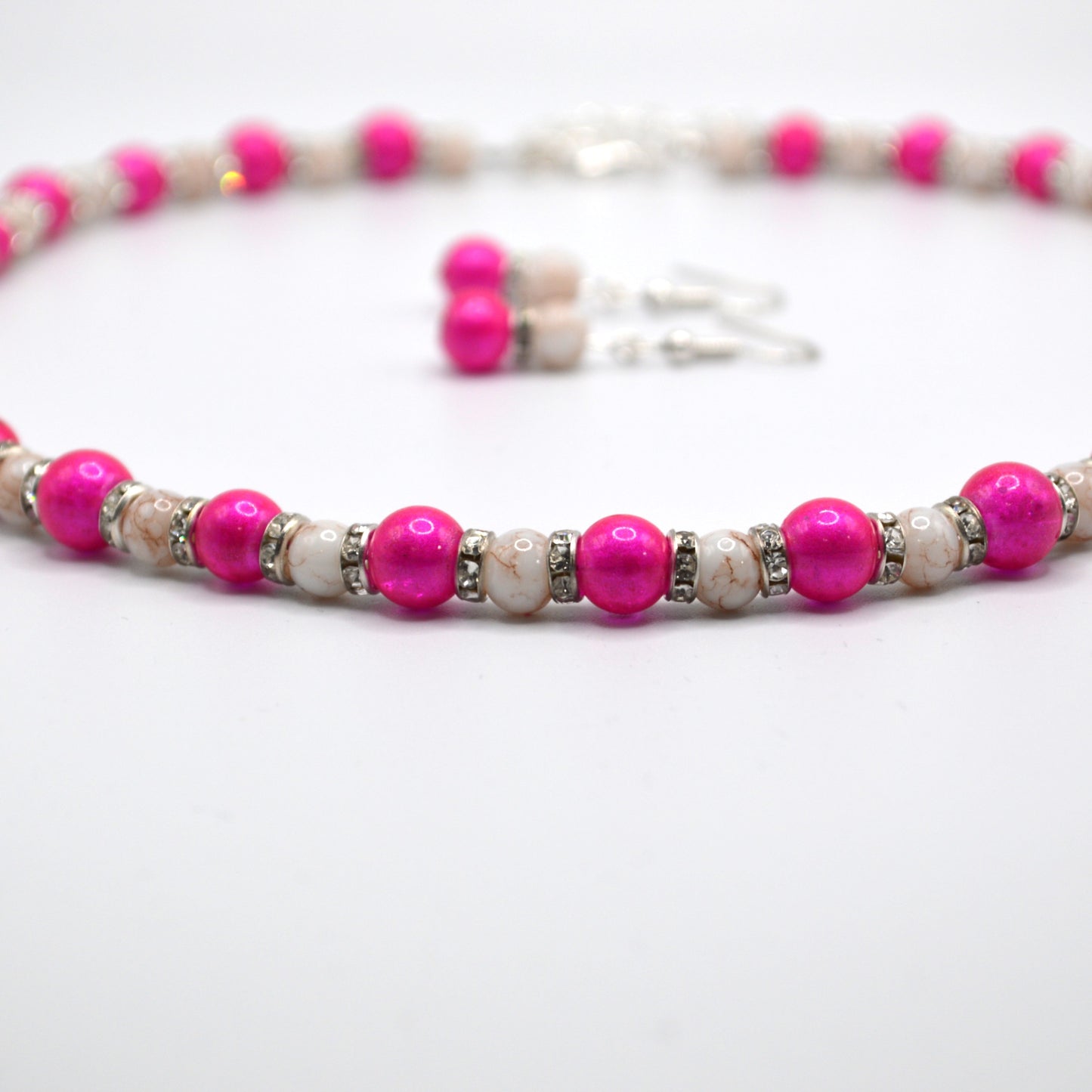 Pink Glass Pearls with Marbled Beads and Crystal Spacers Necklace and Earring Set