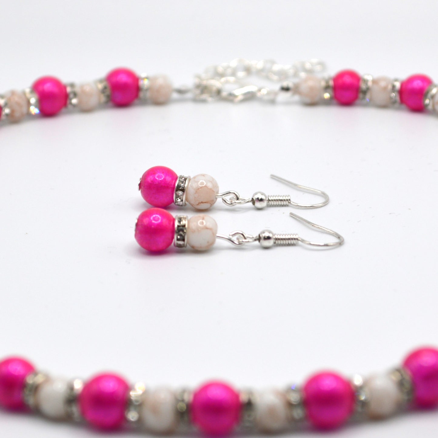 Pink Glass Pearls with Marbled Beads and Crystal Spacers Necklace and Earring Set