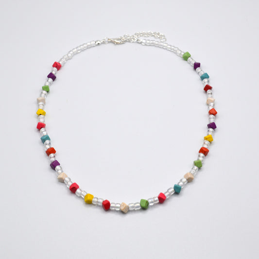 Rainbow Cubes with White Seed Beads Necklace