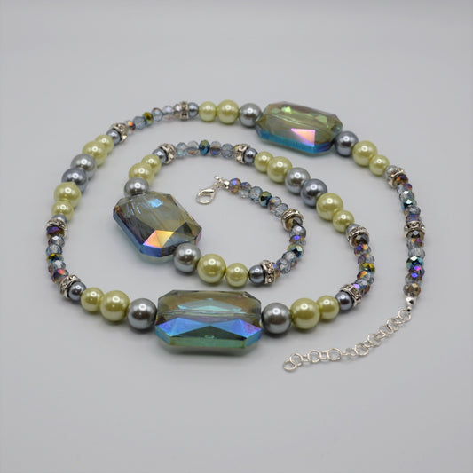 Rectangular Glass, Pearl and Crystal Necklace