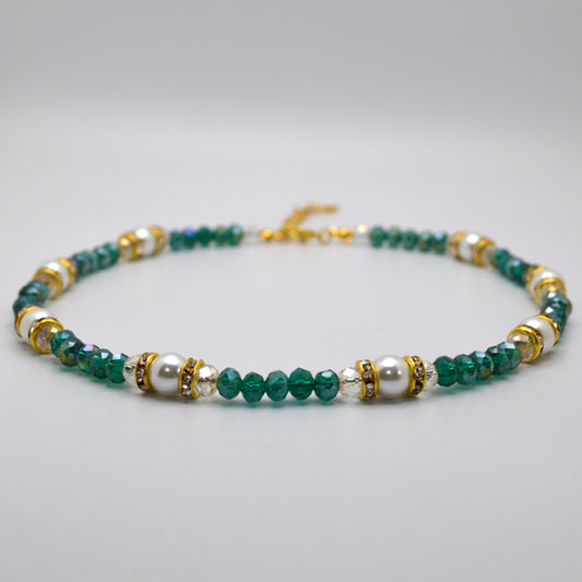 Emerald Green Crystals and Pearl Necklace