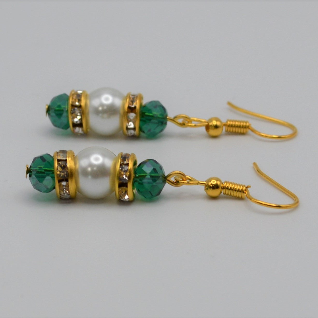 Emerald Green Crystals and Pearl Earrings (long)