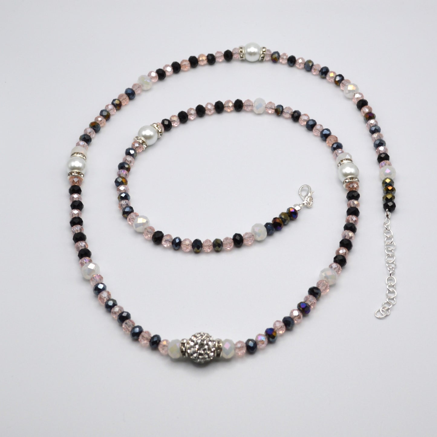 Pink, Black and White Crystal and Pearl Necklace