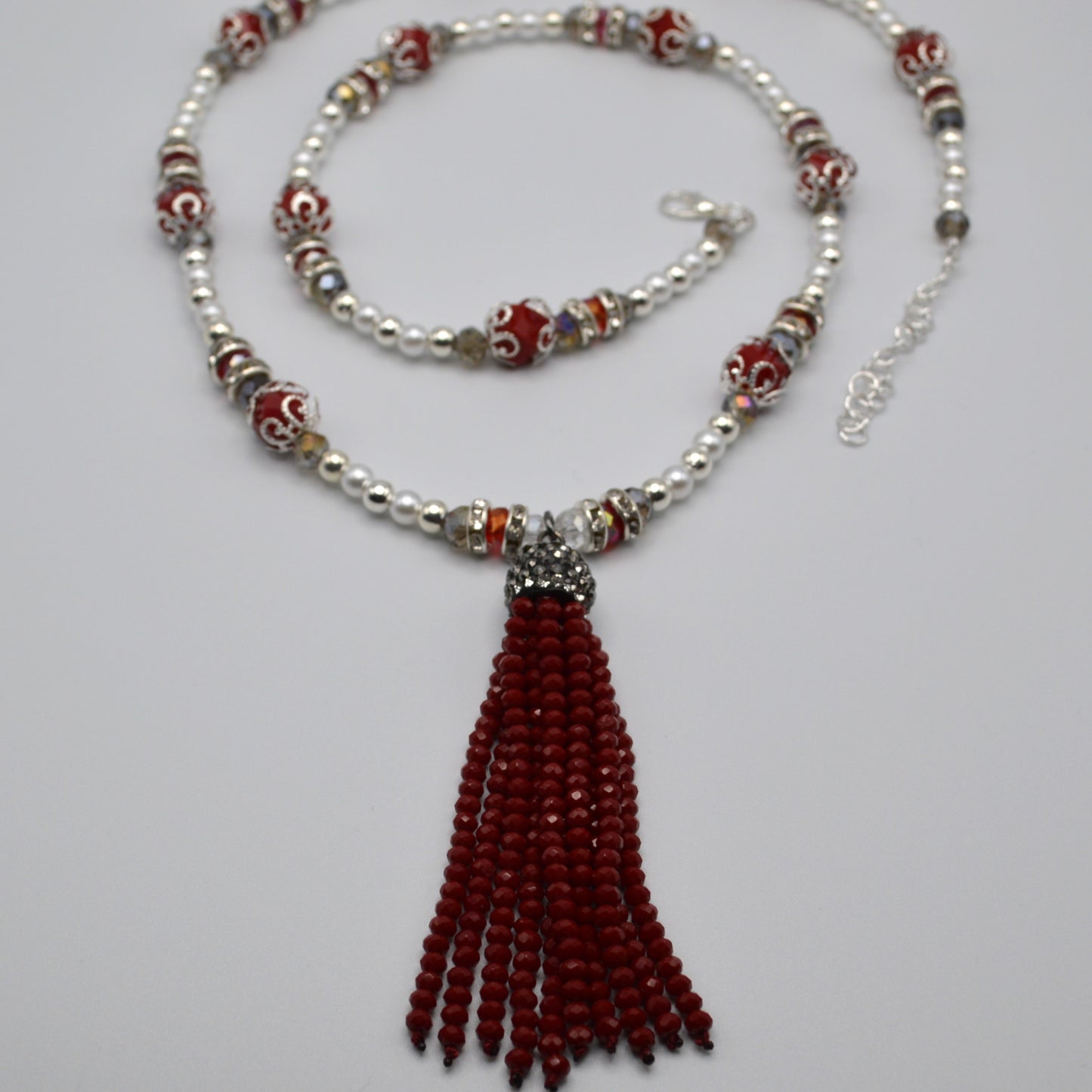 Red Crystal and Pearl Tassel Necklace