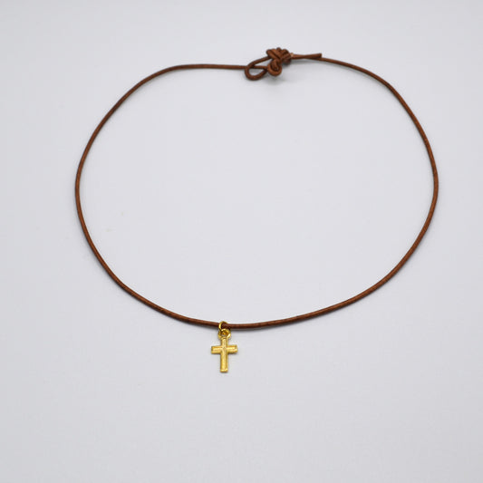 Gold Cross on a Leather Cord