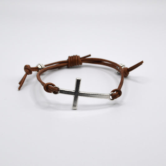 Silver Cross on a Leather Cord Bracelet