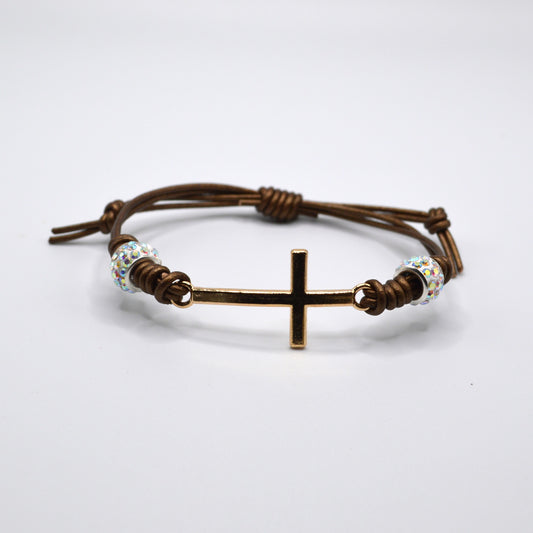 Gold Cross and Rhinestone Beads on a Leather Cord Bracelet