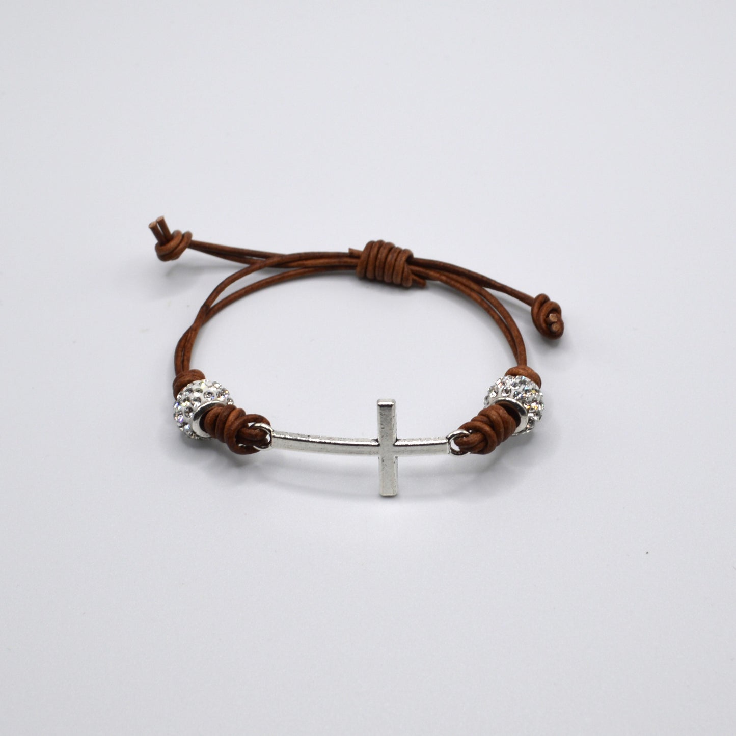 Silver Cross and Rhinestone Beads on a Leather Cord Bracelet