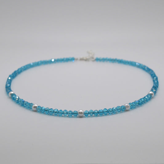 4mm Aquamarine Blue Crystals and Pearl Necklace