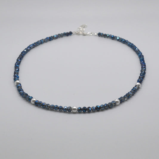 4mm Smoky Blue Crystals and Pearl Necklace