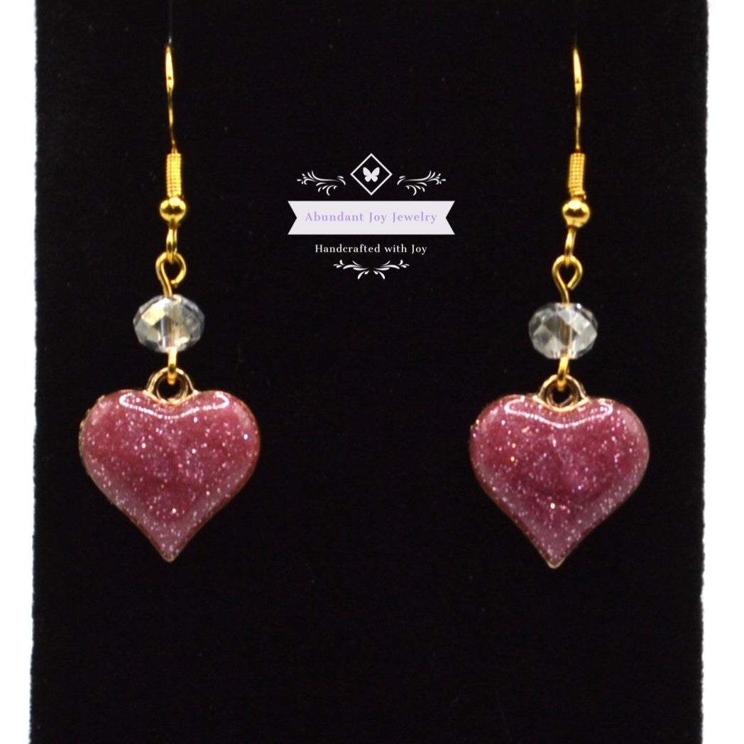 Dusty Mauve Pink Glitter Heart Valentine's Earrings with Clear Crystals