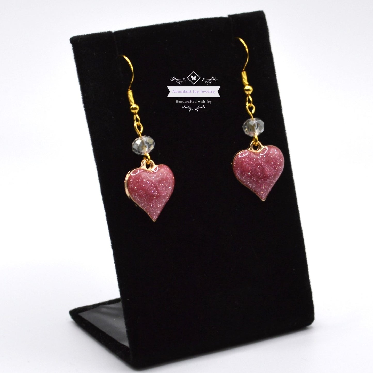 Dusty Mauve Pink Glitter Heart Valentine's Earrings with Clear Crystals