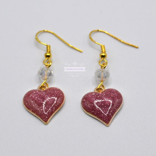 Dusty Mauve Pink Glitter Heart Valentine's Earrings with Clear Crystals