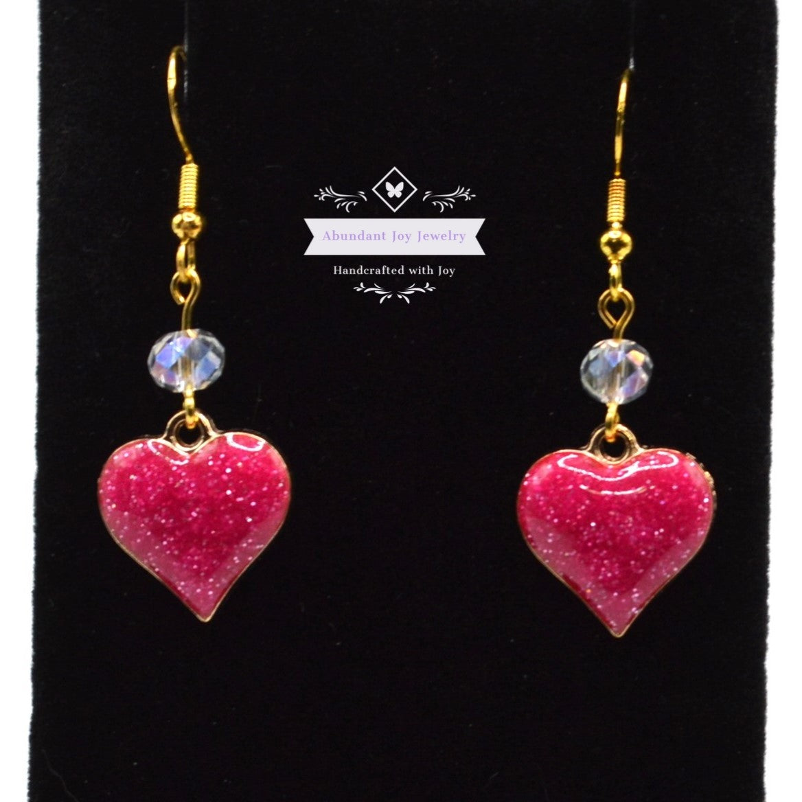 Magenta Pink Glitter Heart Valentine's Earrings with Clear Crystals