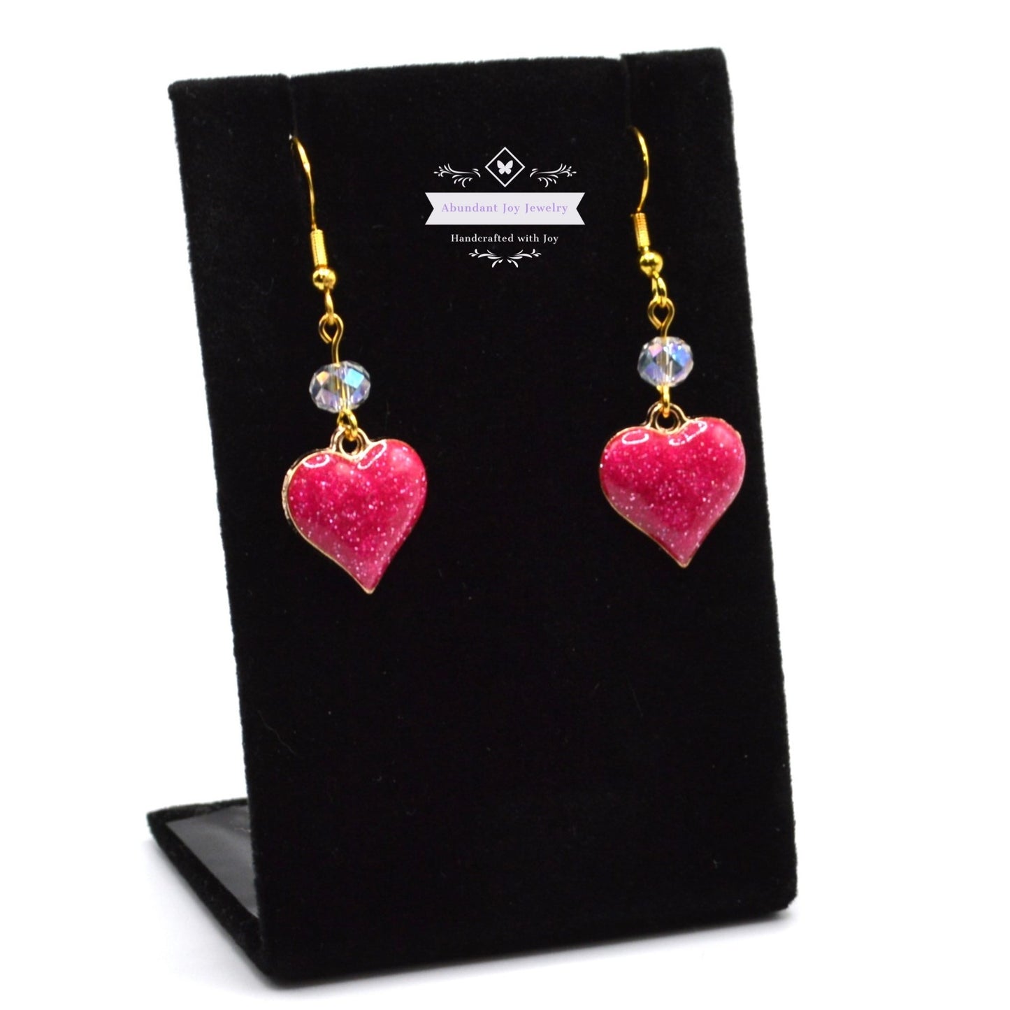 Magenta Pink Glitter Heart Valentine's Earrings with Clear Crystals