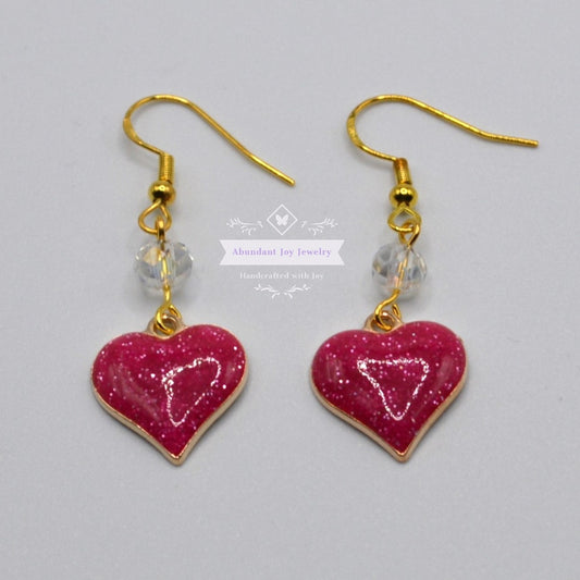 Magenta Pink Glitter Heart Valentine's Earrings with Clear Crystals