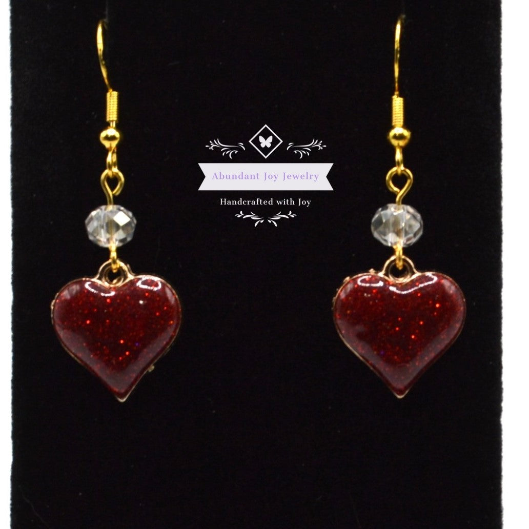 Dark Red Glitter Heart Valentine's Earrings with Clear Crystals