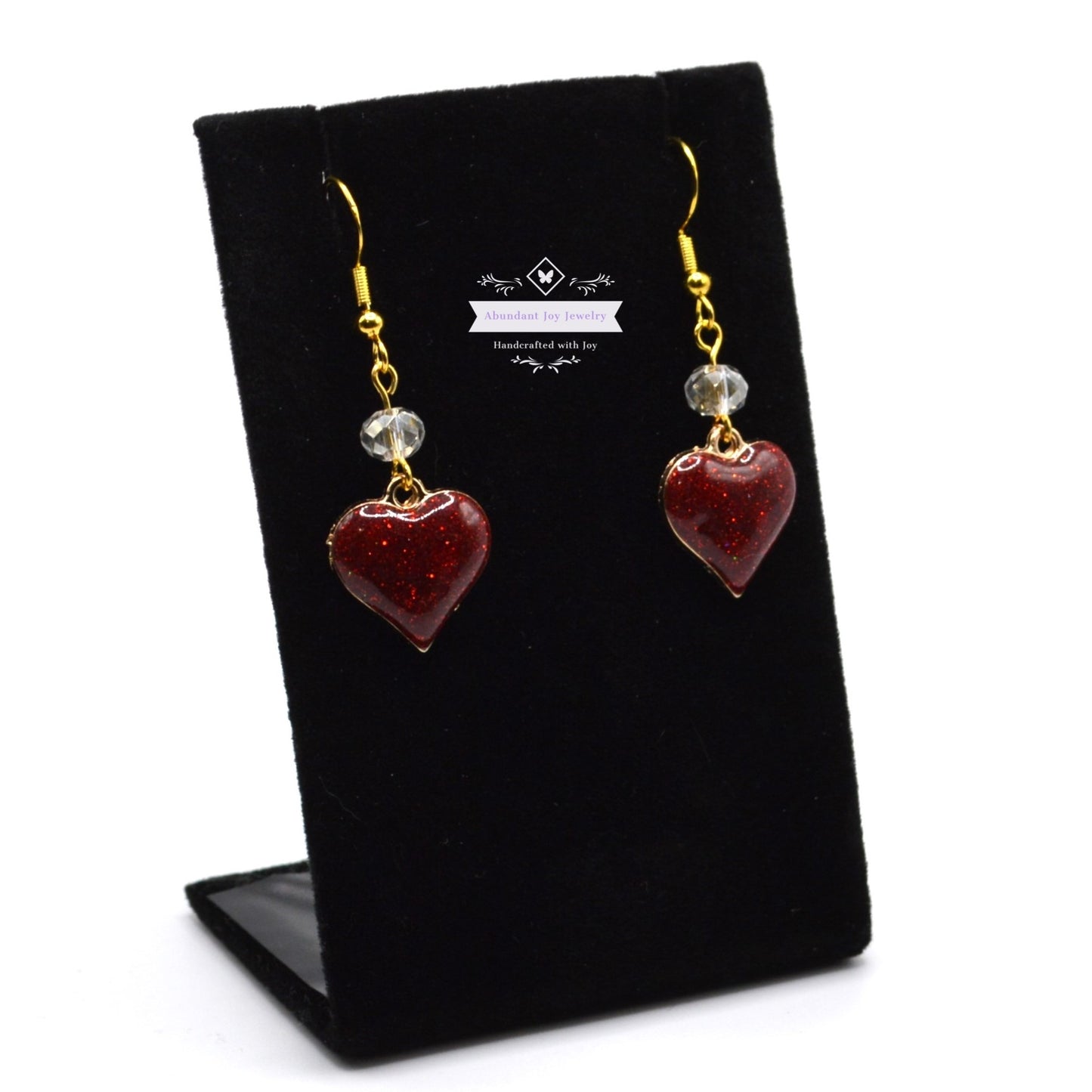 Dark Red Glitter Heart Valentine's Earrings with Clear Crystals