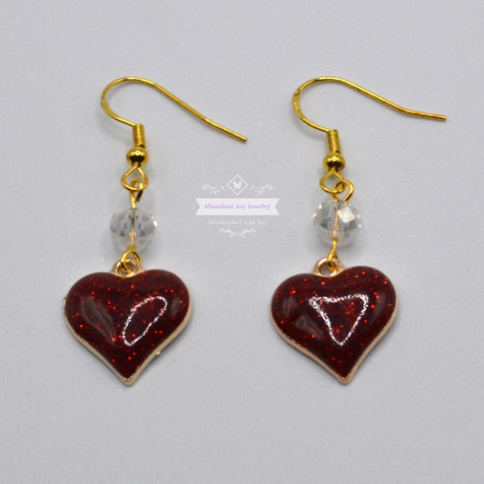 Dark Red Glitter Heart Valentine's Earrings with Clear Crystals