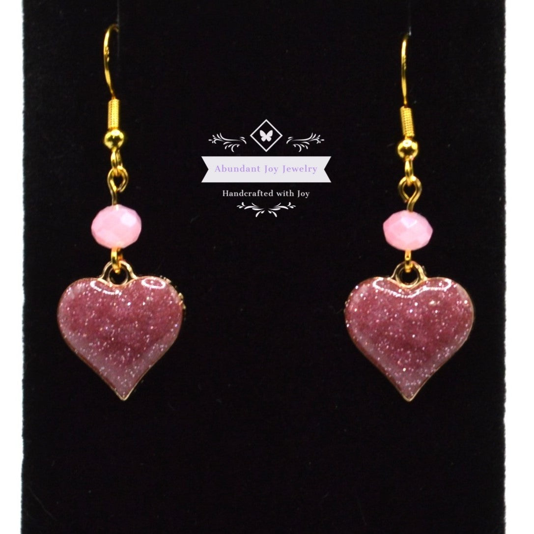 Mauve Pink Glitter Heart Valentine's Earrings with Pink AB Crystals