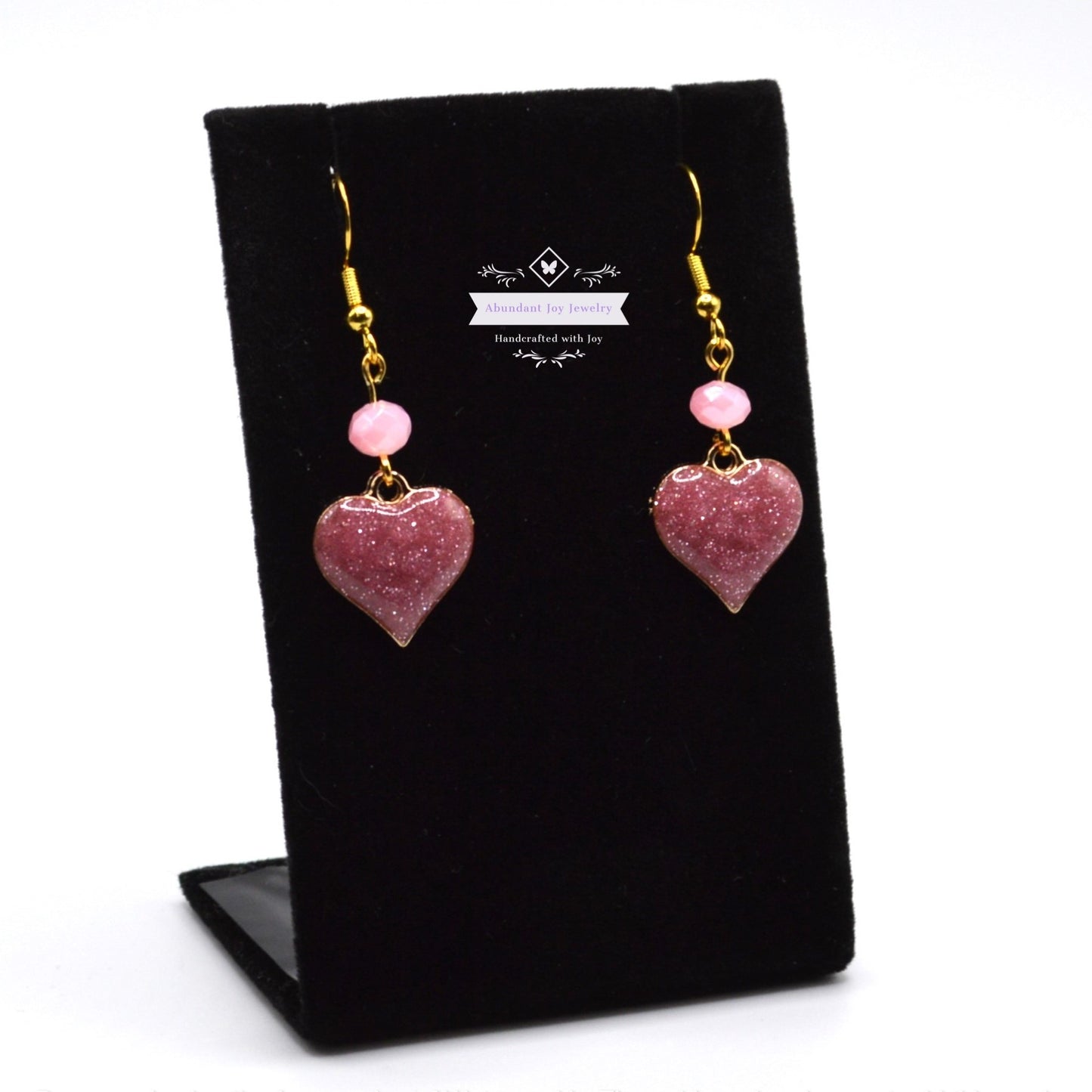 Mauve Pink Glitter Heart Valentine's Earrings with Pink AB Crystals