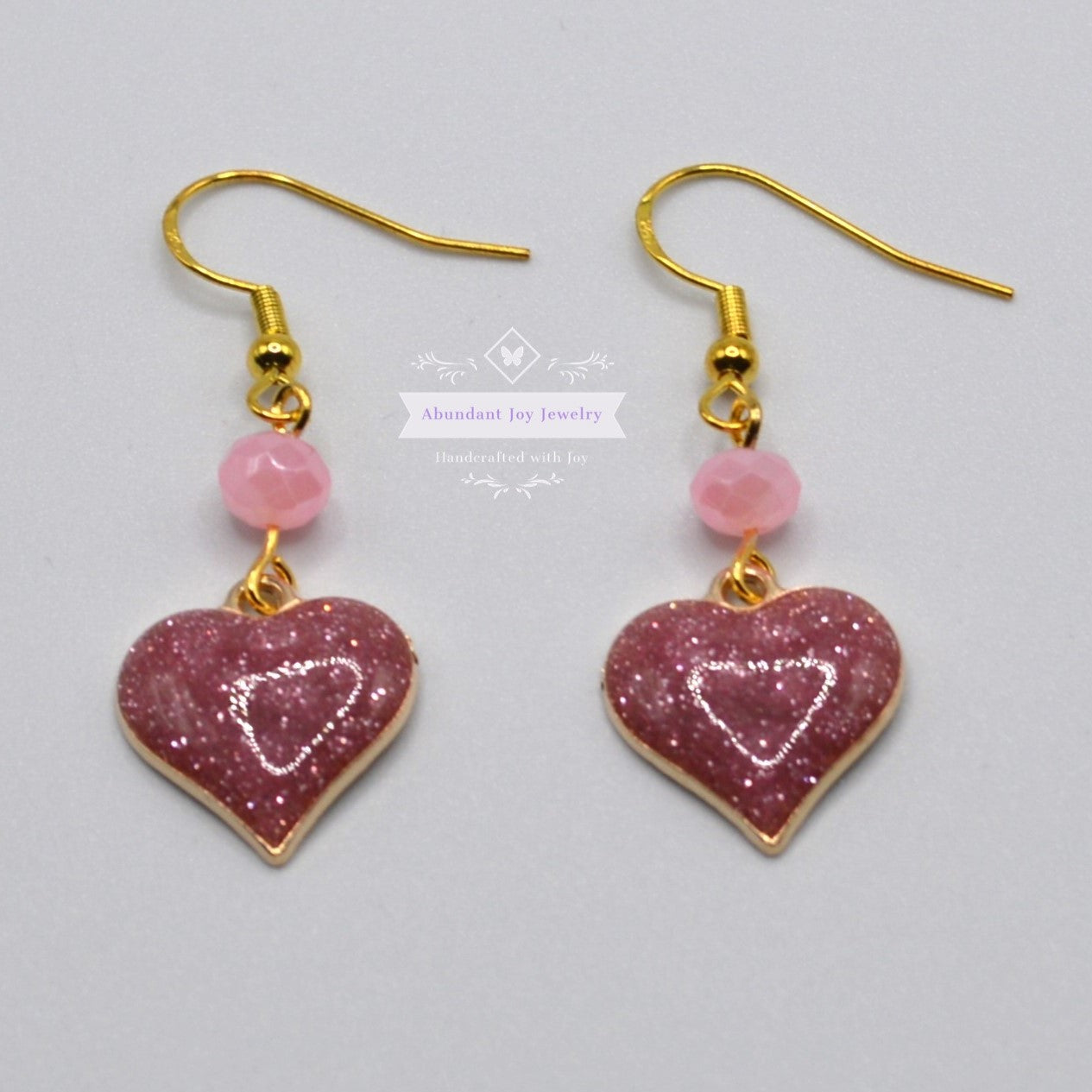 Mauve Pink Glitter Heart Valentine's Earrings with Pink AB Crystals