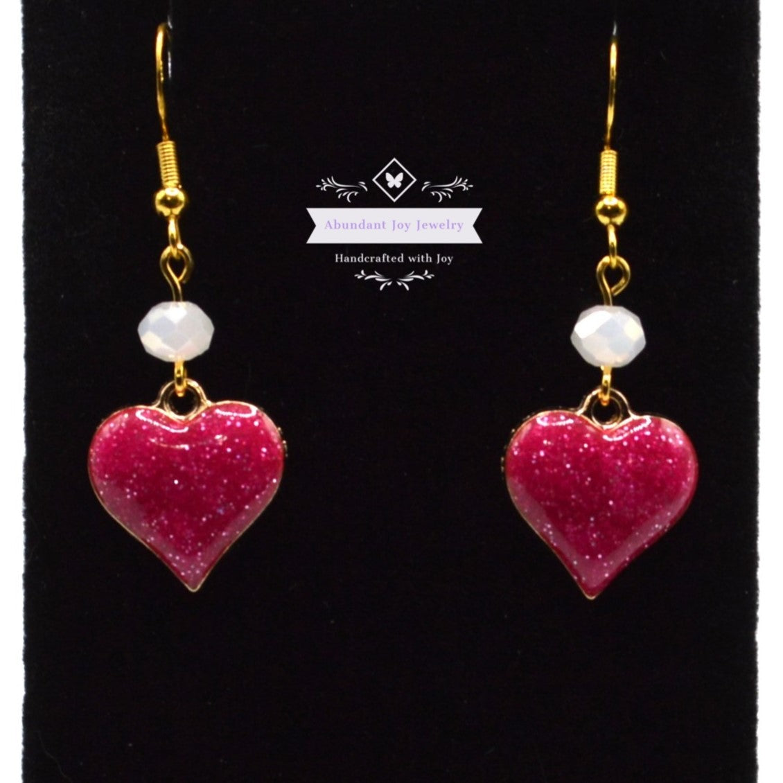 Magenta Pink Glitter Heart Valentine's Earrings with White Crystals