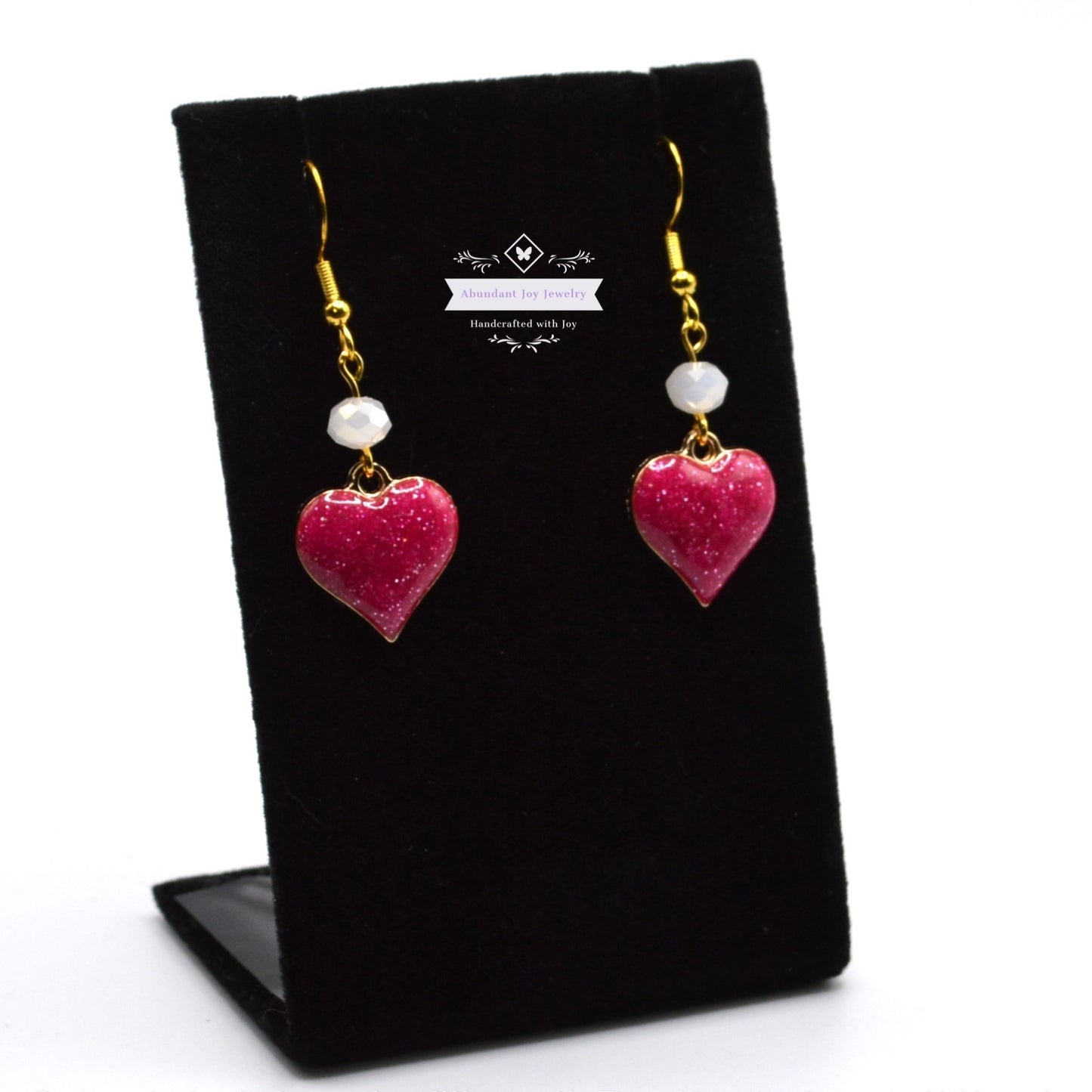 Magenta Pink Glitter Heart Valentine's Earrings with White Crystals