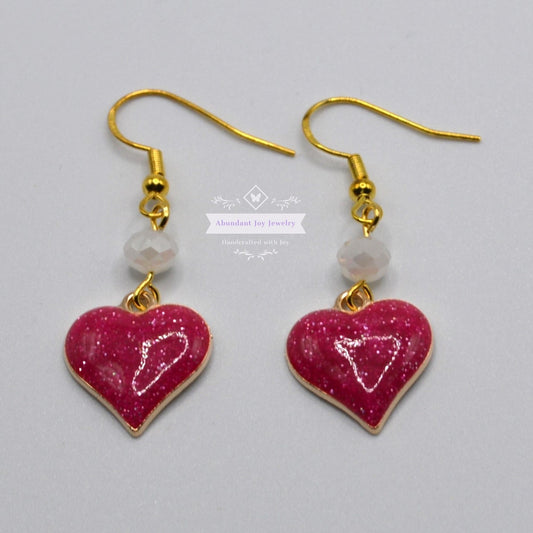 Magenta Pink Glitter Heart Valentine's Earrings with White Crystals