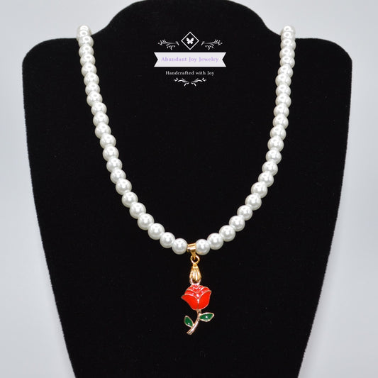 Rose Pendant and White Pearl Necklace