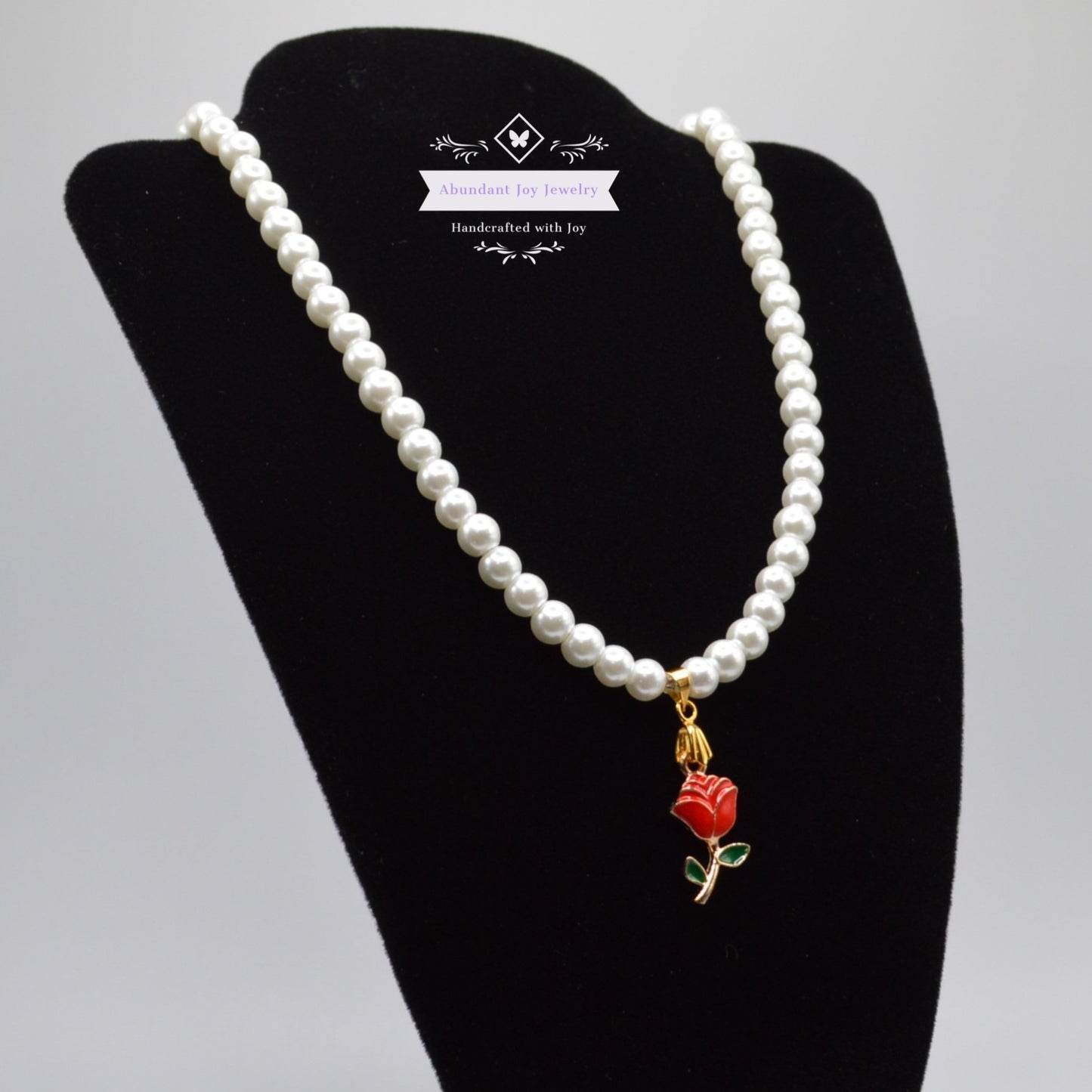 Rose Pendant and White Pearl Necklace