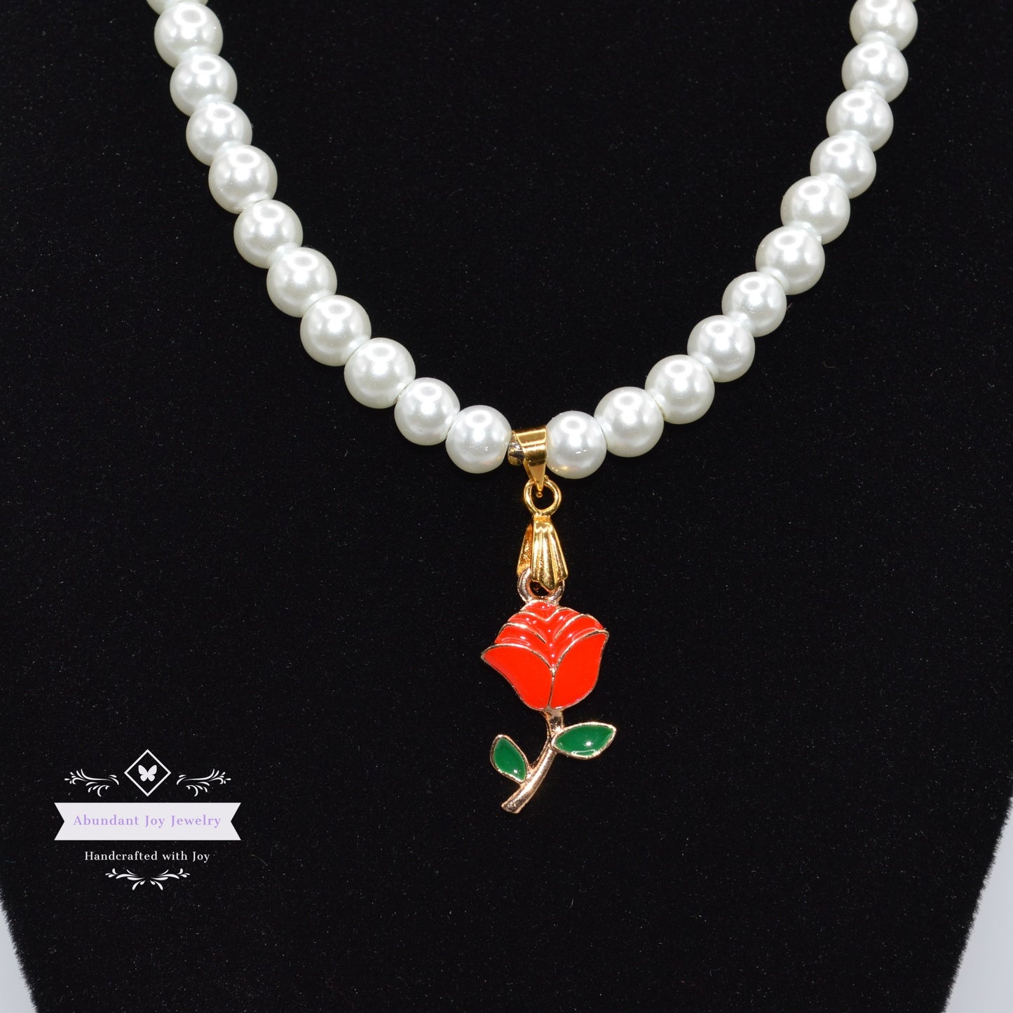 Rose Pendant and White Pearl Necklace