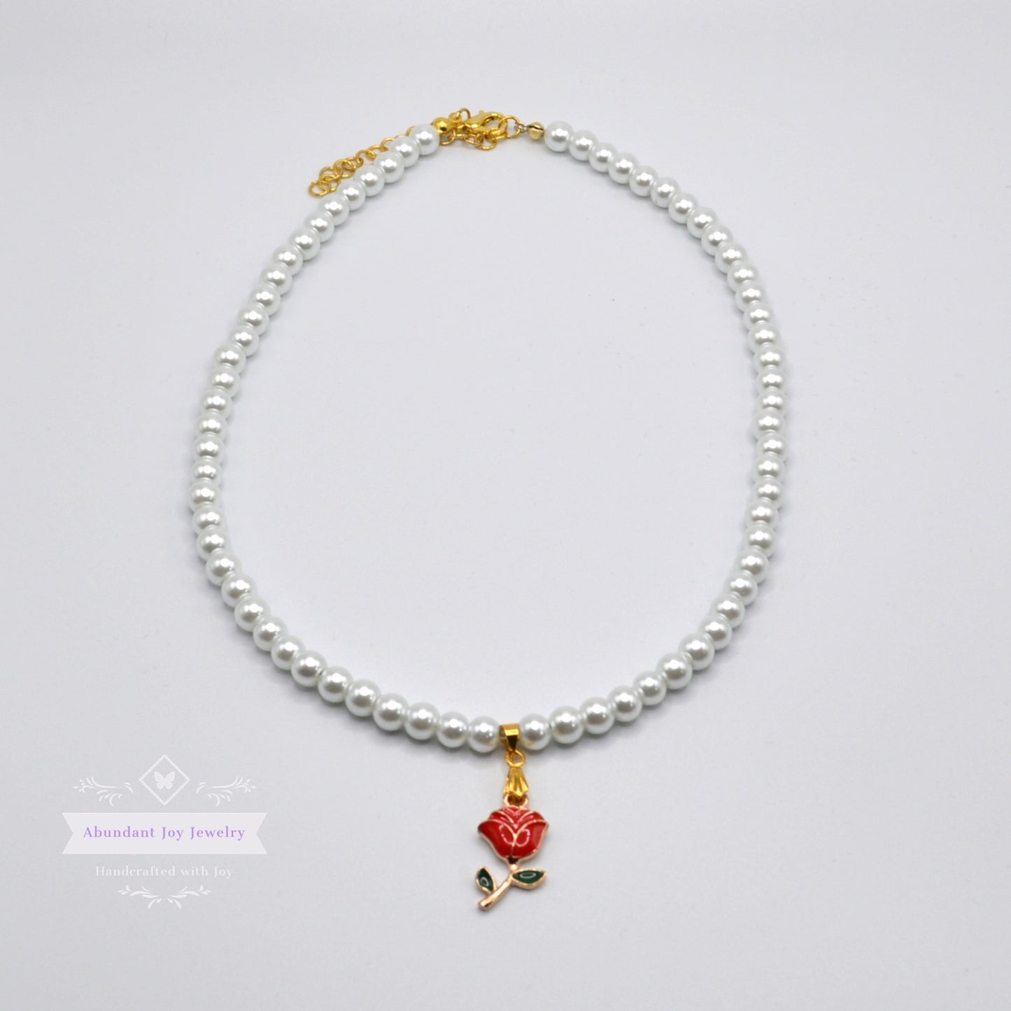 Rose Pendant and White Pearl Necklace