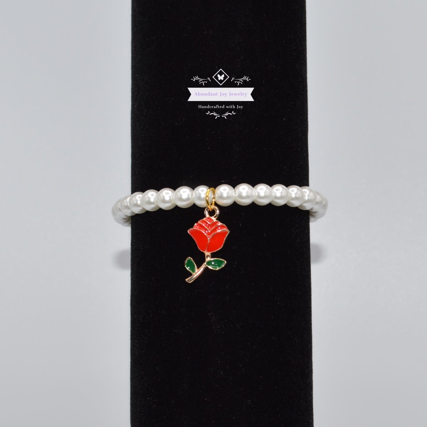 White Pearl Beaded Stretch Bracelet with Rose Flower Charm