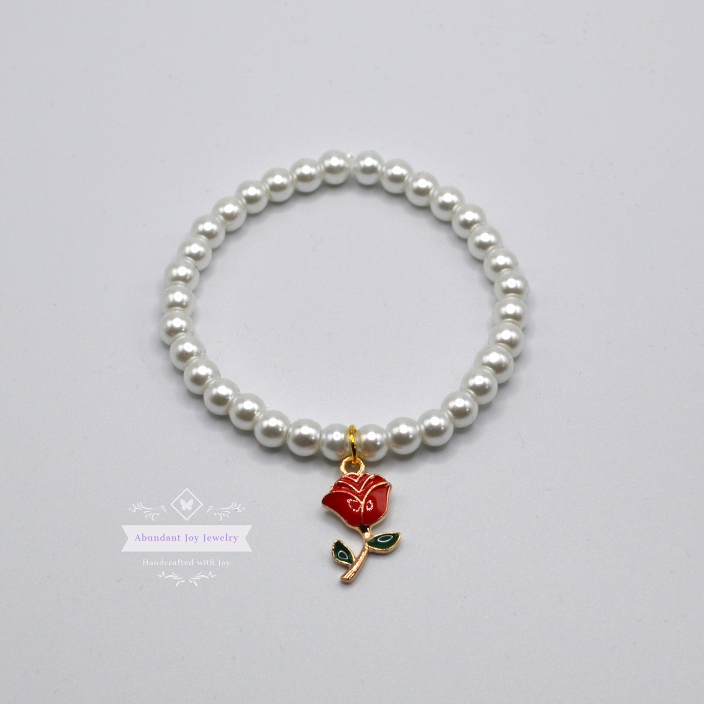 White Pearl Beaded Stretch Bracelet with Rose Flower Charm