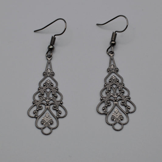 Gunmetal Black Filigree Teardrop Earrings