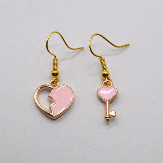 Pink Heart and Key Asymmetrical Earrings