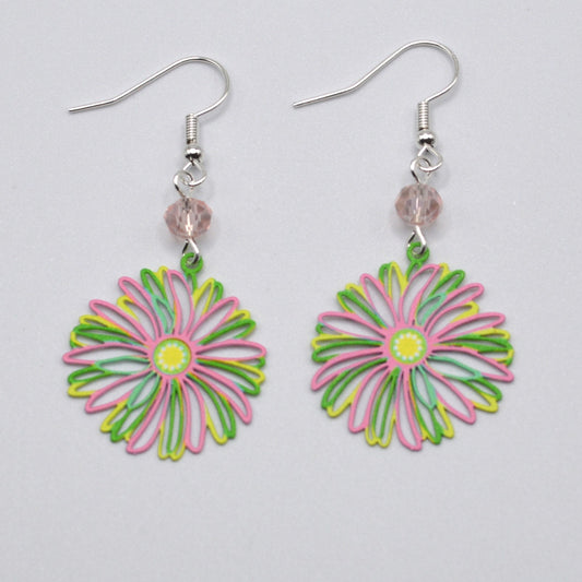 Pink, Green and Yellow Flower Earrings