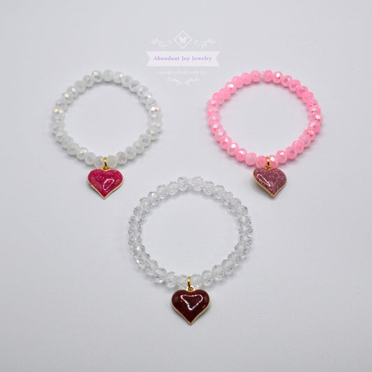 Girl's Heart Charm Crystal Beaded Stretch Bracelet